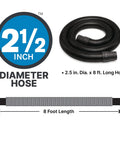 Heavy Duty Vacuum Hose 8 Feet Long By 2.5 Inch Diameter For Standard Or Locking Inlets coiled with dimensions shown