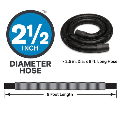 Heavy Duty Vacuum Hose 8 Feet Long By 2.5 Inch Diameter For Standard Or Locking Inlets coiled with dimensions shown