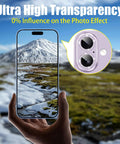 Six Pack Camera Lens Protector Kit For iPhone 17 6.3 Inch with purple bling ring and 9H tempered glass showing clear mountains.