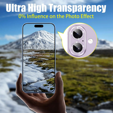 Six Pack Camera Lens Protector Kit For iPhone 17 6.3 Inch with purple bling ring and 9H tempered glass showing clear mountains.