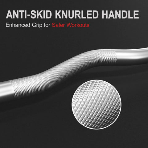 Close-up of anti-skid knurled handle of Olympic Curl Bar Weight Set With Six Plates And Bar Clamps For Lifts 55Lb Home Gym
