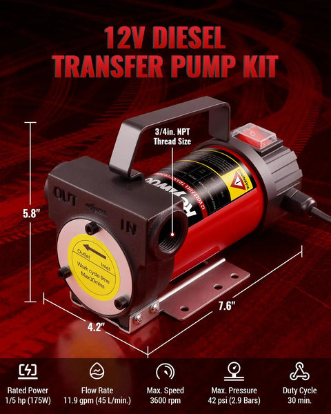No Sweat Diesel Transfer Pump With 12v DC Motor, 5.8x4.2 inches, ideal for fast fluid moves of diesel and kerosene.