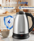 Electric Kettle 2L BPA Free Stainless Steel, Fast Boil, Auto Shut Off, Boil Dry Protection displayed on kitchen counter.