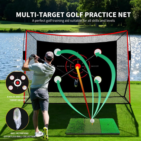 Backyard Golf Net 10x7 Ft With Practice Mat Hitting Aid Net Multi Target Pockets Driving Chipping Drills Home Use