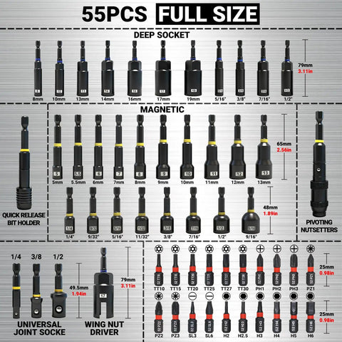 55 Piece Magnetic Impact Nut Driver Set With SAE And Metric Bits Socket Adapters Wing Nut Driver Universal Sockets displayed
