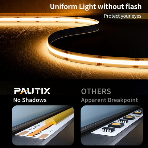 20 Foot COB LED Strip Light Warm White 3000K With 3087 LEDs High Lumen CRI 90 Plus showing uniform light without flash