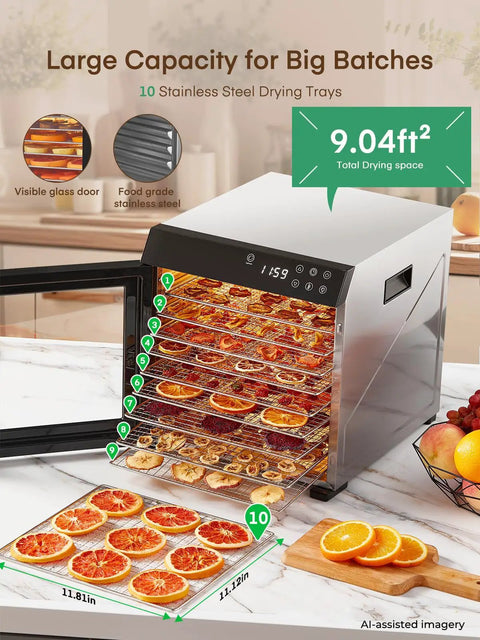 Pro Level Electric Food Dehydrator With Ten Roomy Stainless Trays For Big Batch Jerky And Crispy Fruit Snaps. 9.04ft² drying space.