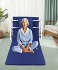 Super Smooth Electric Lifting Bed Backrest With Foldable Armrests And Power Adjustable Wedge Mattress For Elderly Patients To Sit Or Sleep Cool Blue, elderly woman sitting comfortably.