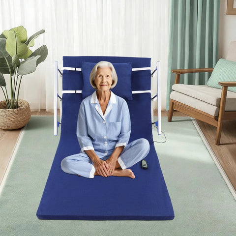 Super Smooth Electric Lifting Bed Backrest With Foldable Armrests And Power Adjustable Wedge Mattress For Elderly Patients To Sit Or Sleep Cool Blue, elderly woman sitting comfortably.