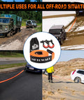 Heavy Duty Tow Strap Recovery Kit With Three Inch By Twenty Foot Strap And 35000 Pound Break Strength Tree Saver Winch Strap Two Three Quarter Inch D Ring Shackles Storage Bag For Truck SUV ATV Off Road Towing in use pulling vehicles from mud.