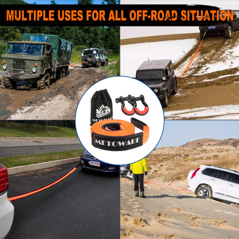 Heavy Duty Tow Strap Recovery Kit With Three Inch By Twenty Foot Strap And 35000 Pound Break Strength Tree Saver Winch Strap Two Three Quarter Inch D Ring Shackles Storage Bag For Truck SUV ATV Off Road Towing in use pulling vehicles from mud.