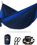 Two Person Double Camping Hammock With Lightweight Parachute Nylon 210T Includes Tree Straps And Carabiners in dark blue color