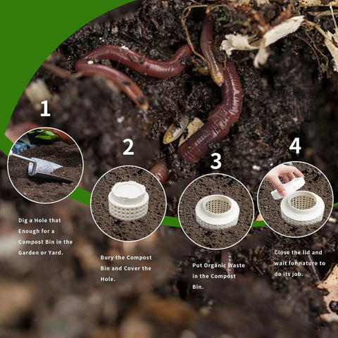 Step-by-step guide showing Twin Pack Underground Compost Bin Worm Farm For Outdoor Gardens And Veggie Patches Durable Plastic With Holes And Lid Ideal For Recycling Kitchen Scraps And Yard Waste In Backyard Greenhouse installation process with worms in soil, and compost bin setup steps.