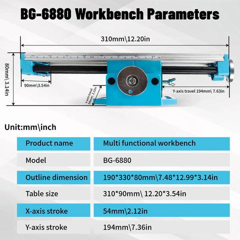 Diagram showing dimensions of XY Axis Slide Vise Pro Grade Cross Worktable Clamp for Milling And Drilling Machines BG-6880.