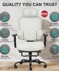 Ergonomic Office Chair With Footrest And Mesh Back, Adjustable Headrest And Armrests, Dynamic Floating Wing Lumbar Support, High Back Desk Chair For Home Office, All Day Comfort, BIFMA Certified, Gray, shown with quality test icons and standards.