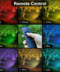 Color Changing Landscape Lights Multicolor Spotlight Set With Remote For Outdoor Garden Yard Lawn Tree Pool Use 5 Pack IP65 Waterproof Transformer Included showcasing various color modes.