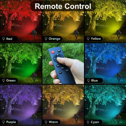 Color Changing Landscape Lights Multicolor Spotlight Set With Remote For Outdoor Garden Yard Lawn Tree Pool Use 5 Pack IP65 Waterproof Transformer Included showcasing various color modes.
