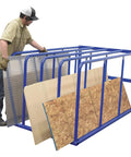 Heavy Duty Workhorse Steel Sheet Rack For Vertical Plywood Storage 84X50X44 Inches Blue Powder Coat Finish being used to organize materials.