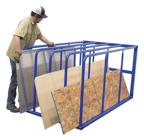Heavy Duty Workhorse Steel Sheet Rack For Vertical Plywood Storage 84X50X44 Inches Blue Powder Coat Finish being used to organize materials.