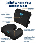 Feel The Ultimate Comfort With This Doctor Approved Memory Foam Seat Cushion Designed For Office Chairs And Cars To Crush Tailbone Pain And Sciatica Suffering While Boosting Your Posture During Those Long Grind Sessions In Style Black showing contour support and U-shaped design for pain relief.