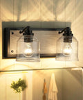 Two-Light Farmhouse Vanity Lights For Bathroom, 15.8 Inch Gray Textured Metal Backplate, Bubble Glass Shades Over Mirror