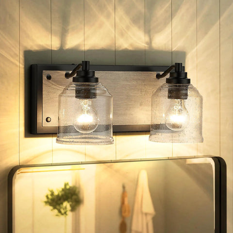 Two-Light Farmhouse Vanity Lights For Bathroom, 15.8 Inch Gray Textured Metal Backplate, Bubble Glass Shades Over Mirror