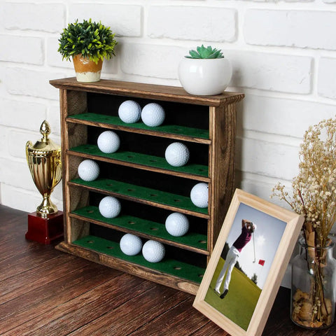 Rustic Wood Golf Ball Display Cabinet Wall Rack 5 Tier Shelf No Door Holder with trophies and plants