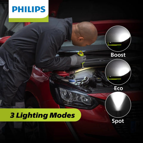 Mechanic using Slim Rechargeable LED Work Light With Magnetic Base And Hook on car engine, shows boost, eco, spot modes