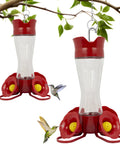 Glass Hummingbird Feeder With Four Flower Ports And Comfortable Perches, Ant Moat And Bee Guards, 8 Oz Nectar Capacity, Wide Mouth Bottle For Easy Filling And Cleaning, Outdoor Garden Decor Pack Of 2 hanging from a tree