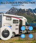 Camper van with 15 Amp 125V Shore Power Inlet With Weatherproof Outlet Receptacle Box for outdoor use in a mountainous area