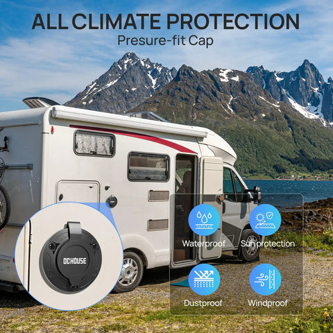 Camper van with 15 Amp 125V Shore Power Inlet With Weatherproof Outlet Receptacle Box for outdoor use in a mountainous area