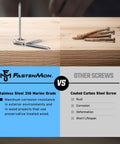 Comparison of Heavy Duty Marine Grade 316 Stainless Steel Wood Screws with Coated Carbon Steel Screws on wooden surface