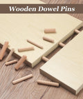 Pro Grade Top Shelf Fluted Hardwood Dowel Pin Multi Pack For Woodworking Craft Assembly And Diy Projects Hella Smooth Kiln Dried Finish With Straight Up Tight Grip, displayed with wooden boards and dowel pins.
