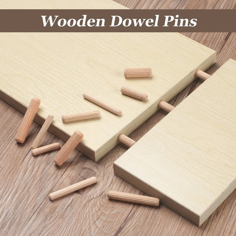 Pro Grade Top Shelf Fluted Hardwood Dowel Pin Multi Pack For Woodworking Craft Assembly And Diy Projects Hella Smooth Kiln Dried Finish With Straight Up Tight Grip, displayed with wooden boards and dowel pins.