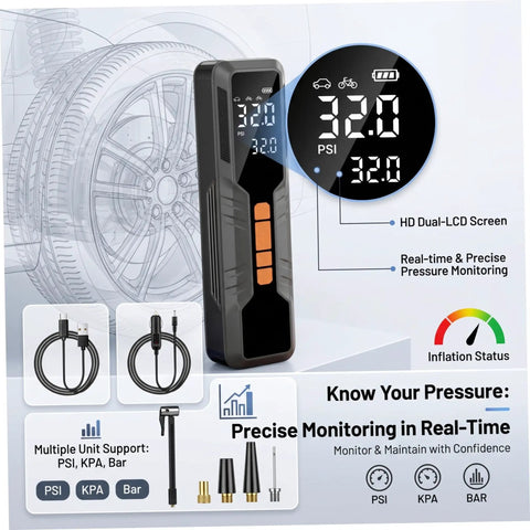 Cordless Portable Tire Inflator With 6000Mah Battery Dual Digital Gauge displaying LCD screen and pressure settings for car bike EV tires.