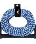 75 Foot Water Ski Rope With Tractor Grip Handle 1 Section Aluminum Core 12 Inch Grip Blue And White Great For Wakeboarding And Kneeboarding Durable Tow Line For A Smooth Ride coiled on white surface, black handle visible