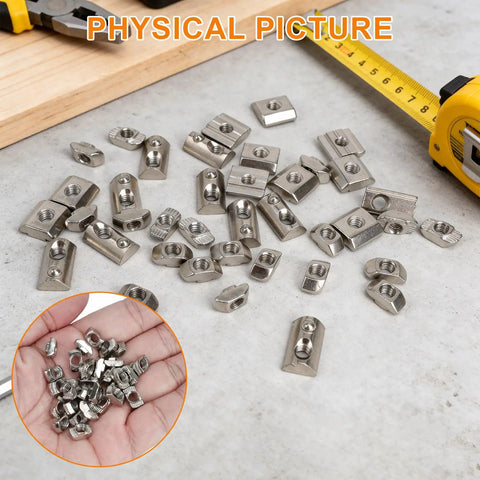 Heavy Duty M6 T Nut Screw Kit For 3030 3060 Aluminum Extrusion 100 Pieces with nickel-plated T-nuts shown on table