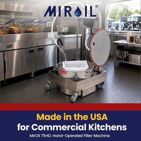 Heavy Duty Hand Cranked Deep Fryer Oil Filter Machine For 75 Pound Capacity in a commercial kitchen setting.