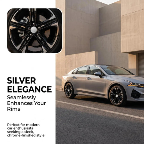 Slick Silver Wheel Hub Center Caps Featuring Snap In Tight Fit Abs Hub Covers For Cars Trucks And Suv Universal Scratch Resistant Rim Exterior Kits on sleek car.