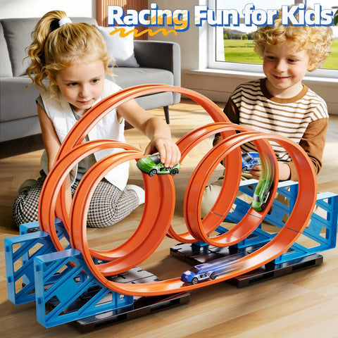 Kids playing with Cool Race Track Car Set For Kids 3 Plus With 5 Rotating Tracks and 2 Small Cars in playroom.