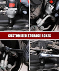 Close-up of 19 Piece One Half Inch Drive Standard Impact Socket Set SAE Shallow Depth used with power tool on engine parts.