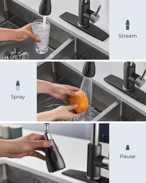 Kitchen Faucet With Pull Down Sprayer High Arc Single Handle Satin Black Brushed Finish multiple spray modes demonstration