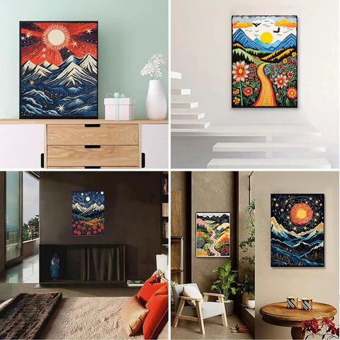 Six Pack Landscape Abstract 5D Diamond Painting Kits for Adults Beginners DIY Home Wall Decor, canvases displayed in stylish rooms.
