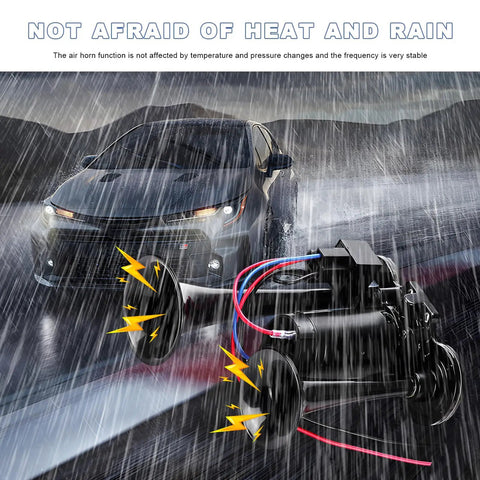 12V Dual Trumpet Air Horn Kit 120 Decibel Super Loud Noise Heavy Duty Compressor in rain with car background.