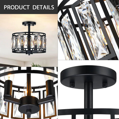 Modern Crystal Semi Flush Mount Black Ceiling Light With Three Lights For Dining Room Bedroom Kitchen Island Hallway Entryway Close To Ceiling That Delivers Sparkling Transparent Crystals And A Bold Glam Glow