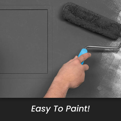 Rock Solid Galvanized Steel Access Panel For Drywall Built Tough As A Tank 10X20 Inch being painted with a roller.