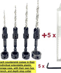 Pro Woodworking Countersink Drill Bit Set For Wood With Tapered Bits And Depth Stop Collar Includes Hex Wrench And Storage Case Five Piece Set Sizes 4 6 8 10 12 FTG USA with storage case and wrench visible.