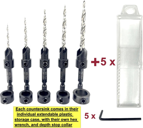 Pro Woodworking Countersink Drill Bit Set For Wood With Tapered Bits And Depth Stop Collar Includes Hex Wrench And Storage Case Five Piece Set Sizes 4 6 8 10 12 FTG USA with storage case and wrench visible.