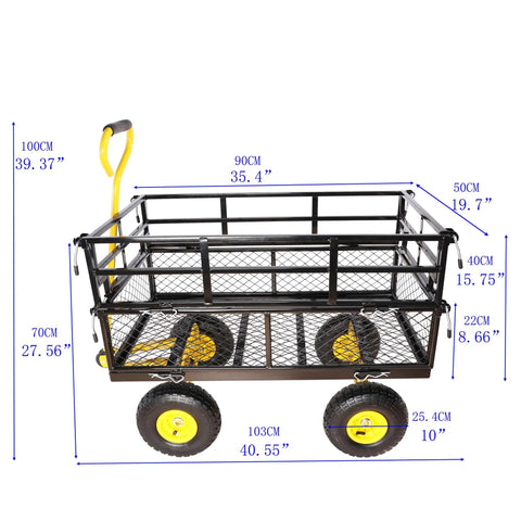 Four-Wheeled Trailer With Double-Deck Detachable Side For Farm And Warehouse Use Steel Heavy-Duty Cart With Yellow Wheels