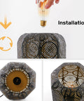 Installation of Industrial Table Lamp For Nightstand And Desk With Plug In Power, Black Hollow Carved Metal Cage Lantern